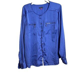 Vince Camuto Blouse Button Up Top Womens Size 2X Blue Long Sleeve Zipper Pockets